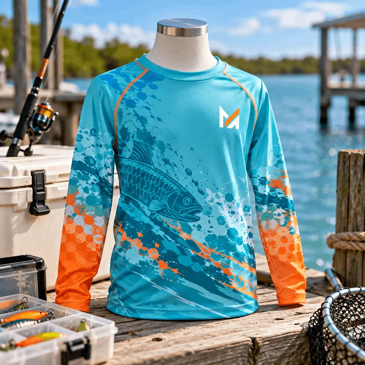 Youth long sleeve performance fishing shirt displayed on a mannequin, featuring turquoise blue and orange ocean-inspired graphics, a fish illustration, raglan sleeves, and Mega Apparel branding in a waterfront fishing setting.
